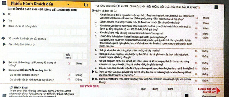 Form khai nhập cảnh Úc dành cho khách du lịch quốc tế đến Australia