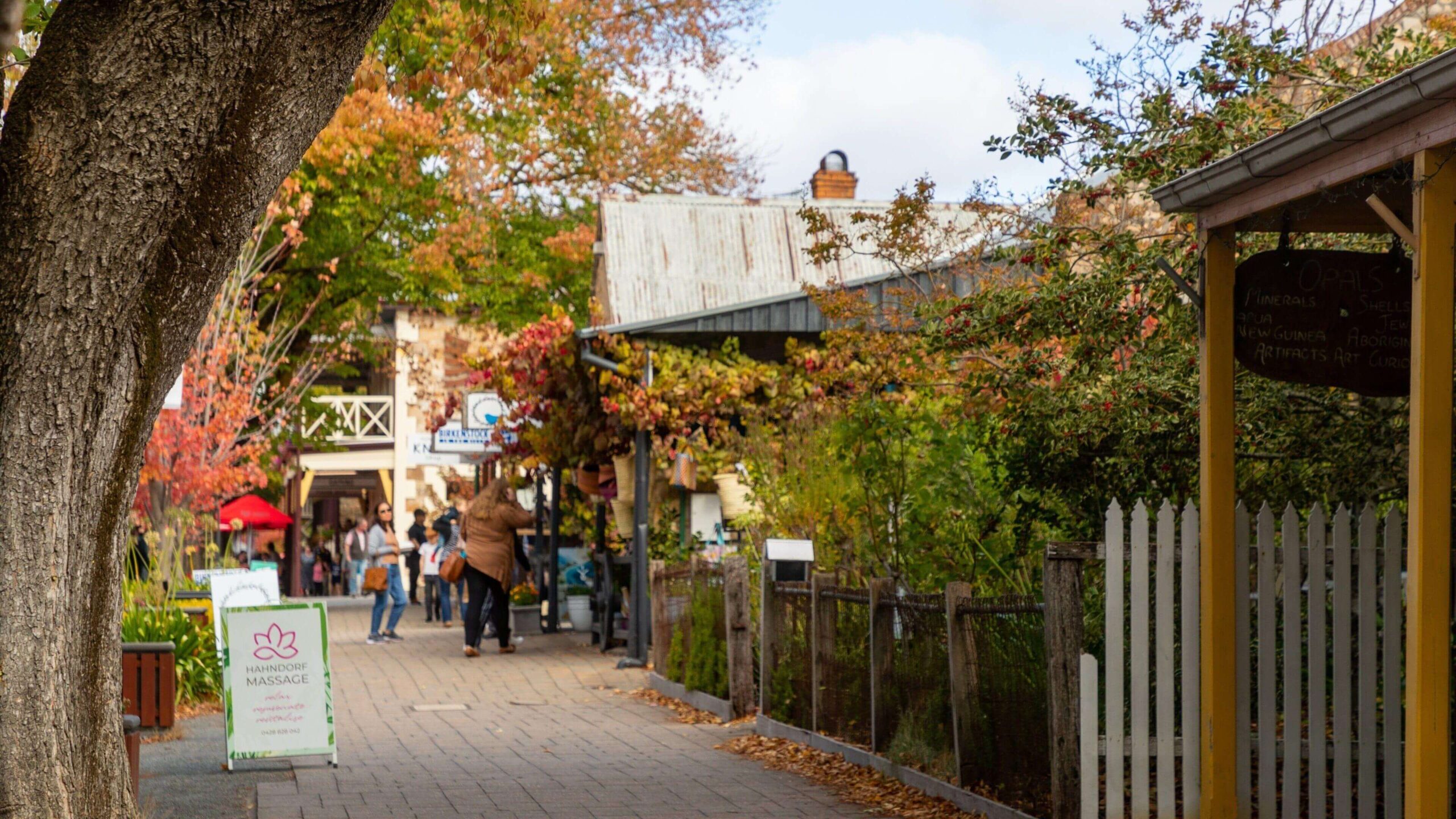 Khung cảnh Hahndorf Village tại Adelaide Hills, Úc với dãy nhà mang kiến trúc Đức cổ, đường phố yên bình và các cửa hàng đặc sản truyền thống