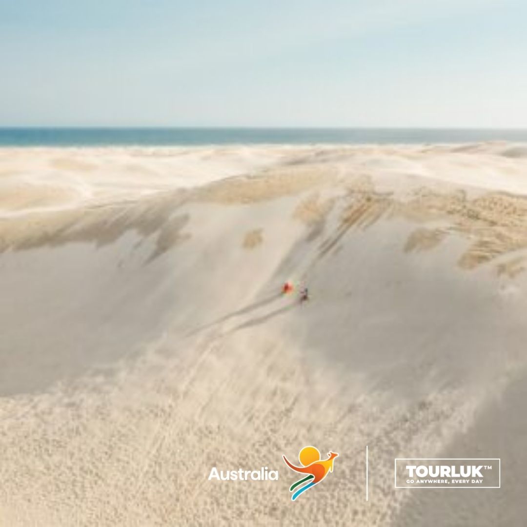 Stockton Sand Dunes tại Port Stephens, Australia với những đồi cát rộng lớn trải dài bên bờ biển.