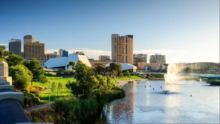 Adelaide city skyline and River Murray in South Australia