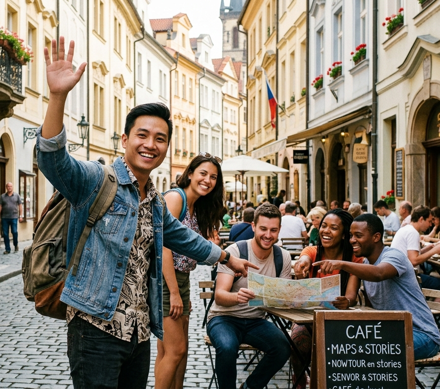 Group of young travelers sitting at a café, looking at a city map and planning a trip together in a vibrant European street