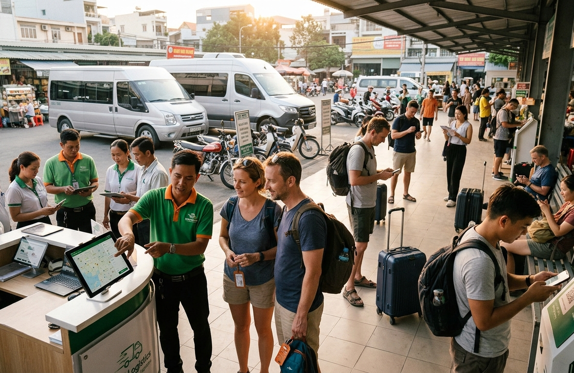 Travelers checking in at a Tourluk booking station while arranging transportation and bus transfer services in a busy urban travel hub